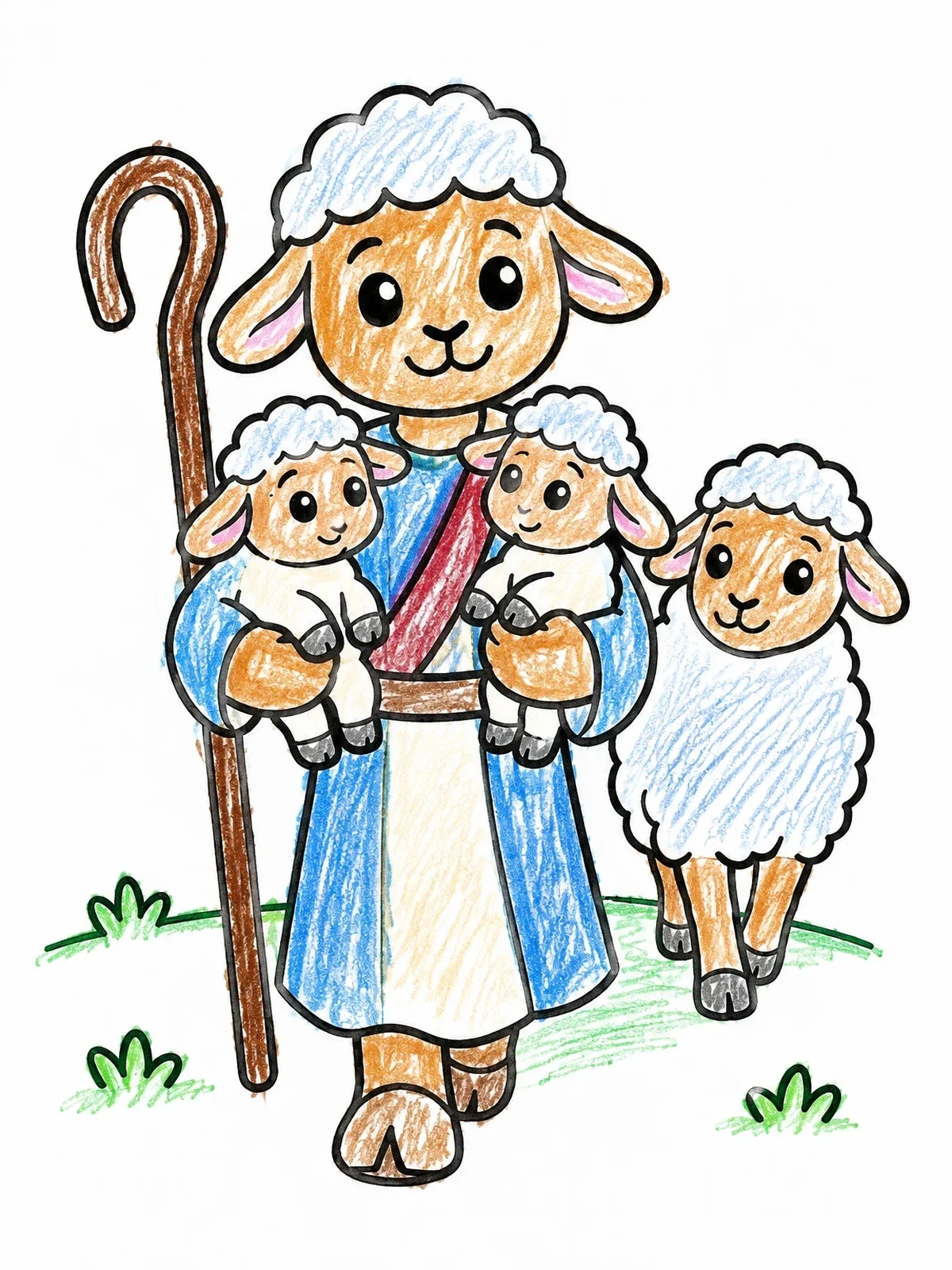 Colored example of the Cute Sheep Shepherd Holding Little Lambs coloring page