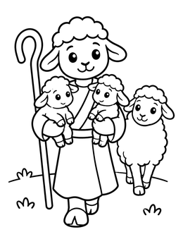 An anthropomorphic sheep shepherd coloring page holding two tiny lambs with a companion nearby.