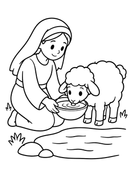 A kind shepherd kneeling to give water in this sheep coloring page.
