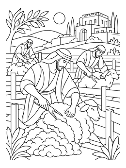 Workers shearing wool in this david nabal and abigail coloring page set before an ancient estate.