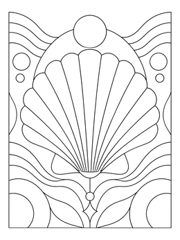 An art deco shells coloring page featuring a symmetrical scallop shell and flowing waves.
