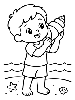 A cheerful boy on the beach in this shells coloring page.
