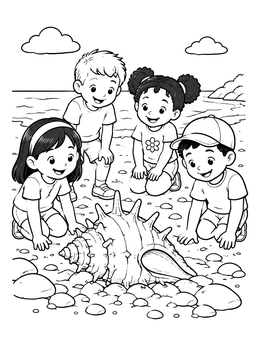 Kids gather around a big conch in this shells coloring page.