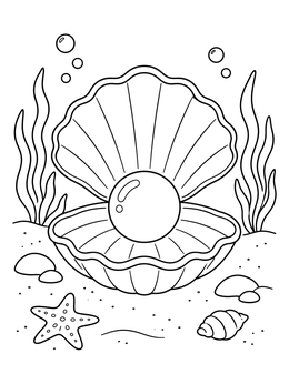 An open clamshell resting underwater on this shells coloring page with a pearl inside.