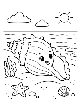 A smiling conch rests on the sand in this shells coloring page.