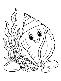 A happy conch shells coloring page with swaying seaweed and smooth pebbles.