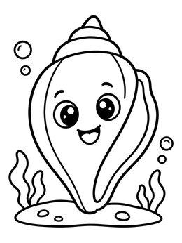 A happy seashell rests on the seabed in this shells coloring page.
