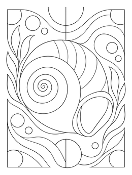 A decorative moon shells coloring page with curved waves and bubbles in stained glass style.