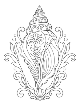 An ornate conch shells coloring page surrounded by elegant swirls and decorative patterns.