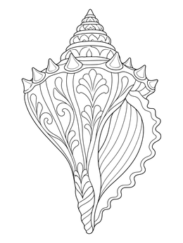 An ornate crown conch shells coloring page featuring detailed filigree and pointed ridges.