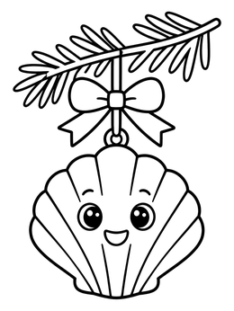 A cute seashell ornament hanging from a pine branch in this shells coloring page.