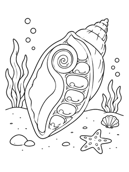 Spiral chambers appear inside a conch in this shells coloring page.