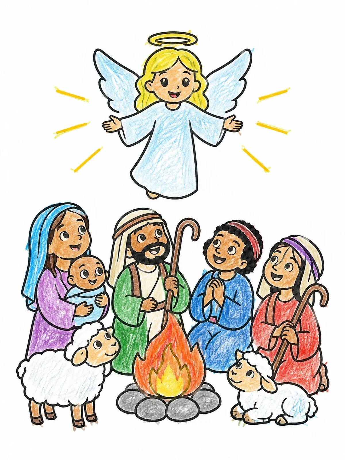 Colored example of the Angel Appearing To The Shepherds coloring page