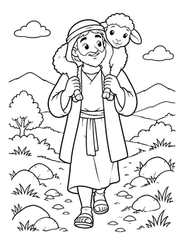 A friendly shepherd carries a lamb on his shoulders in this sheep coloring page.