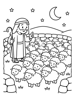 A friendly shepherd stands beside a stone pen full of sheep under a starry sky in this sheep coloring page.