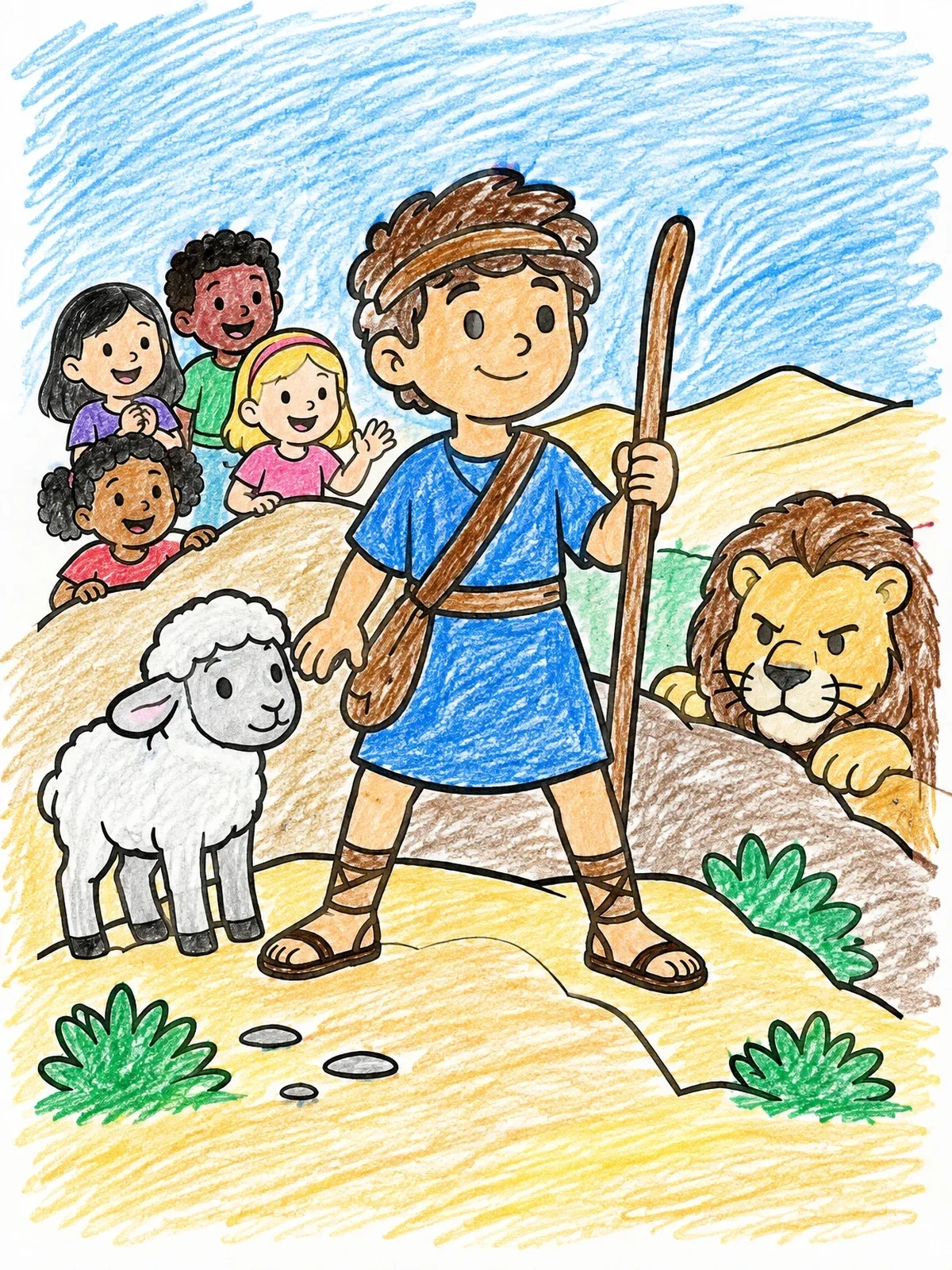 Colored example of the Brave Shepherd David And Lion coloring page