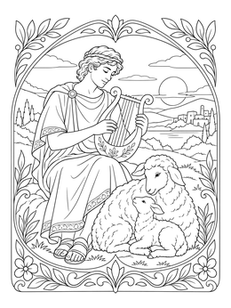 A serene david the shepherd boy coloring page featuring David playing his lyre next to a resting sheep and lamb.