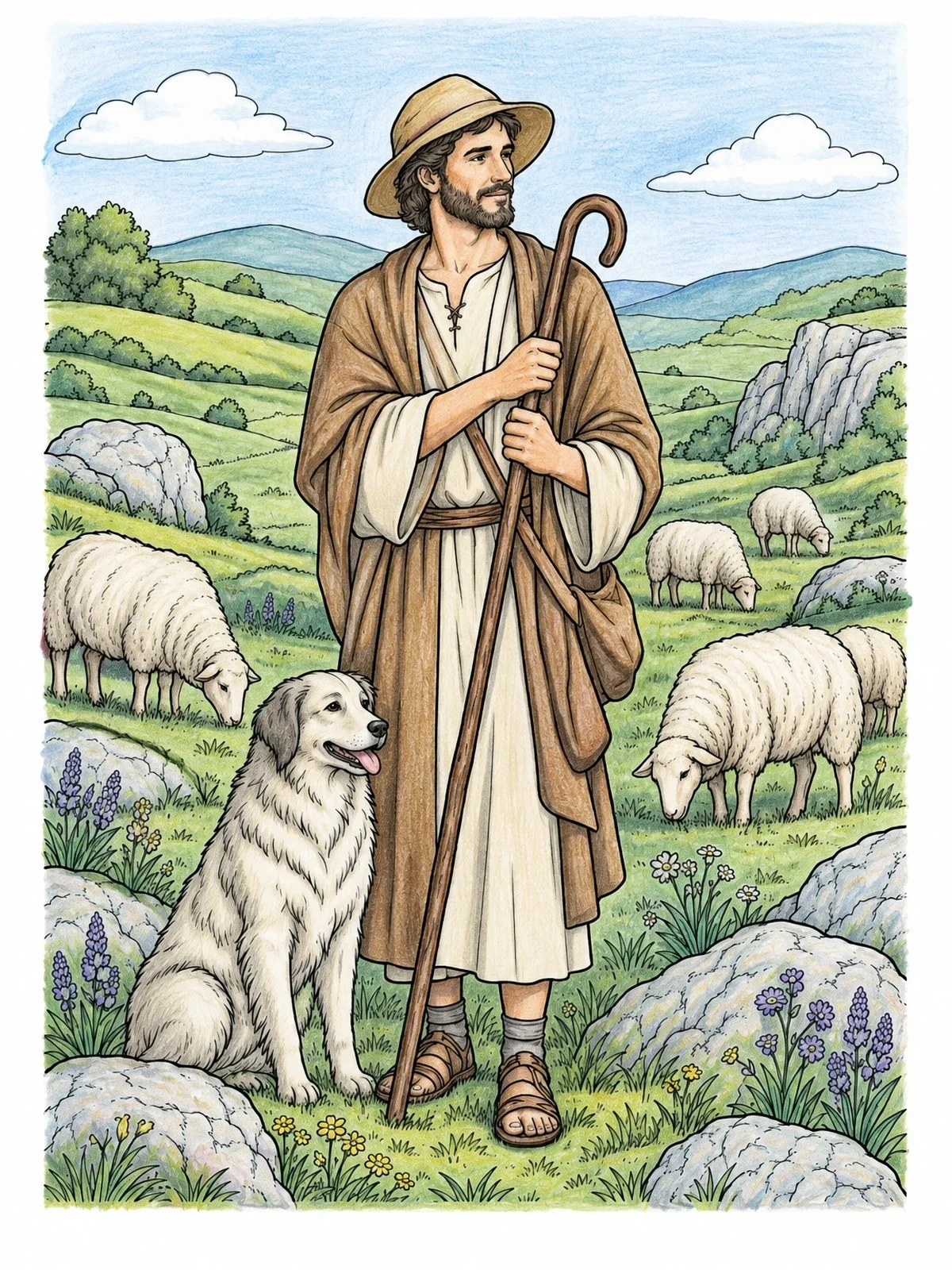 Colored example of the Shepherd With Dog And Grazing Flock coloring page