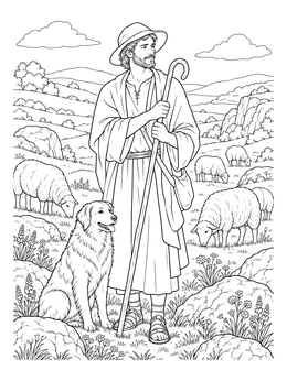 A shepherd coloring page featuring a man with a crook, his loyal dog, and sheep in a meadow.