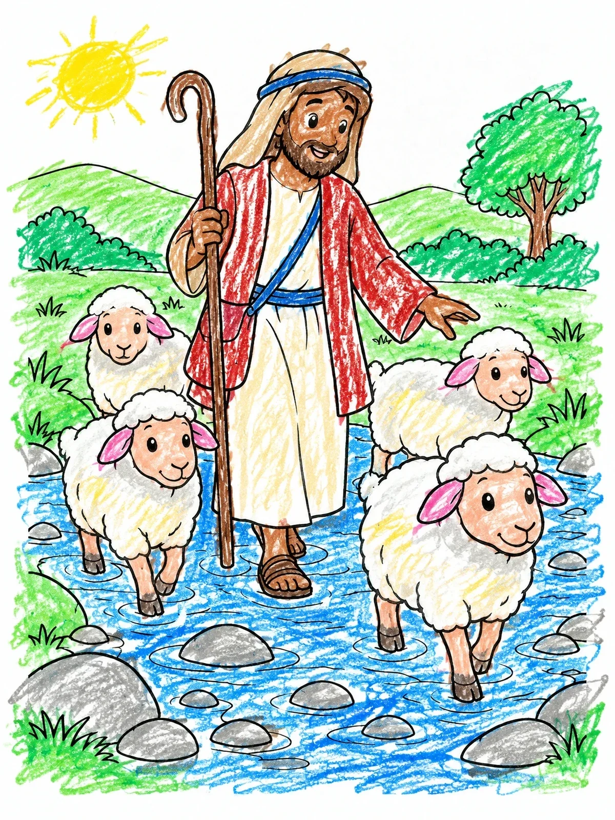 Colored example of the Shepherd Guiding Sheep Through A Stream coloring page