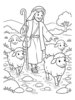 Free printable Shepherd Guiding Sheep Through A Stream coloring page