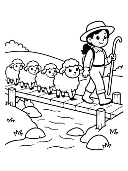 A cheerful shepherd walks across a bridge in this sheep coloring page.