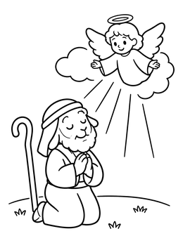 A kneeling shepherd coloring page with a cute angel appearing above in the sky.