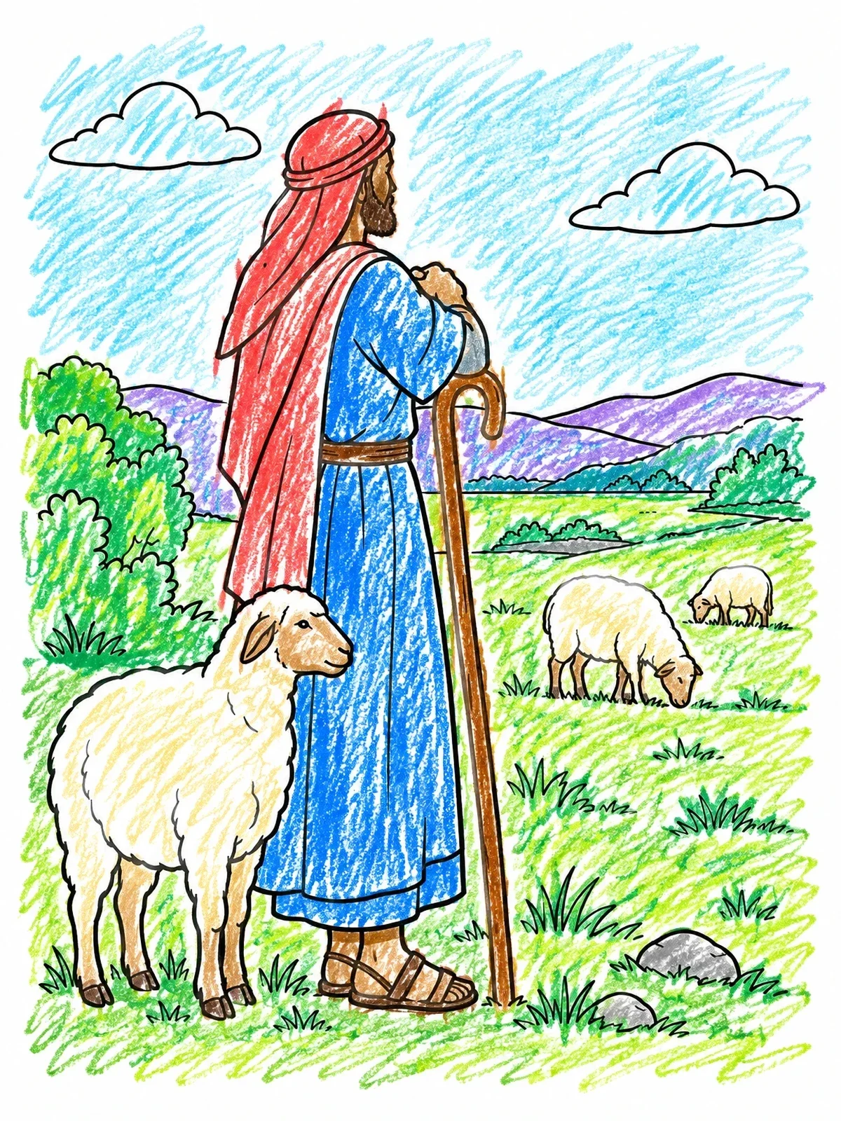 Colored example of the Shepherd Watching Grazing Flock coloring page