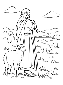 A peaceful shepherd coloring page featuring a man with his staff and grazing sheep in a pasture.