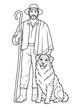 A friendly shepherd coloring page with his staff and loyal Australian shepherd dog.