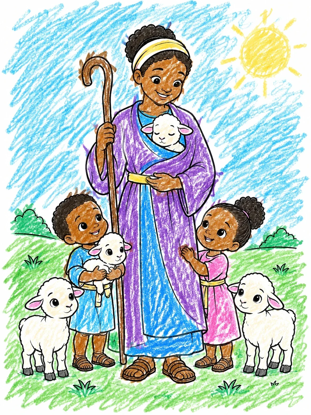 Colored example of the Gentle Shepherd With Children And Lambs coloring page