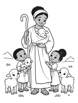 A friendly shepherd coloring page with children holding cute baby lambs in an open field.