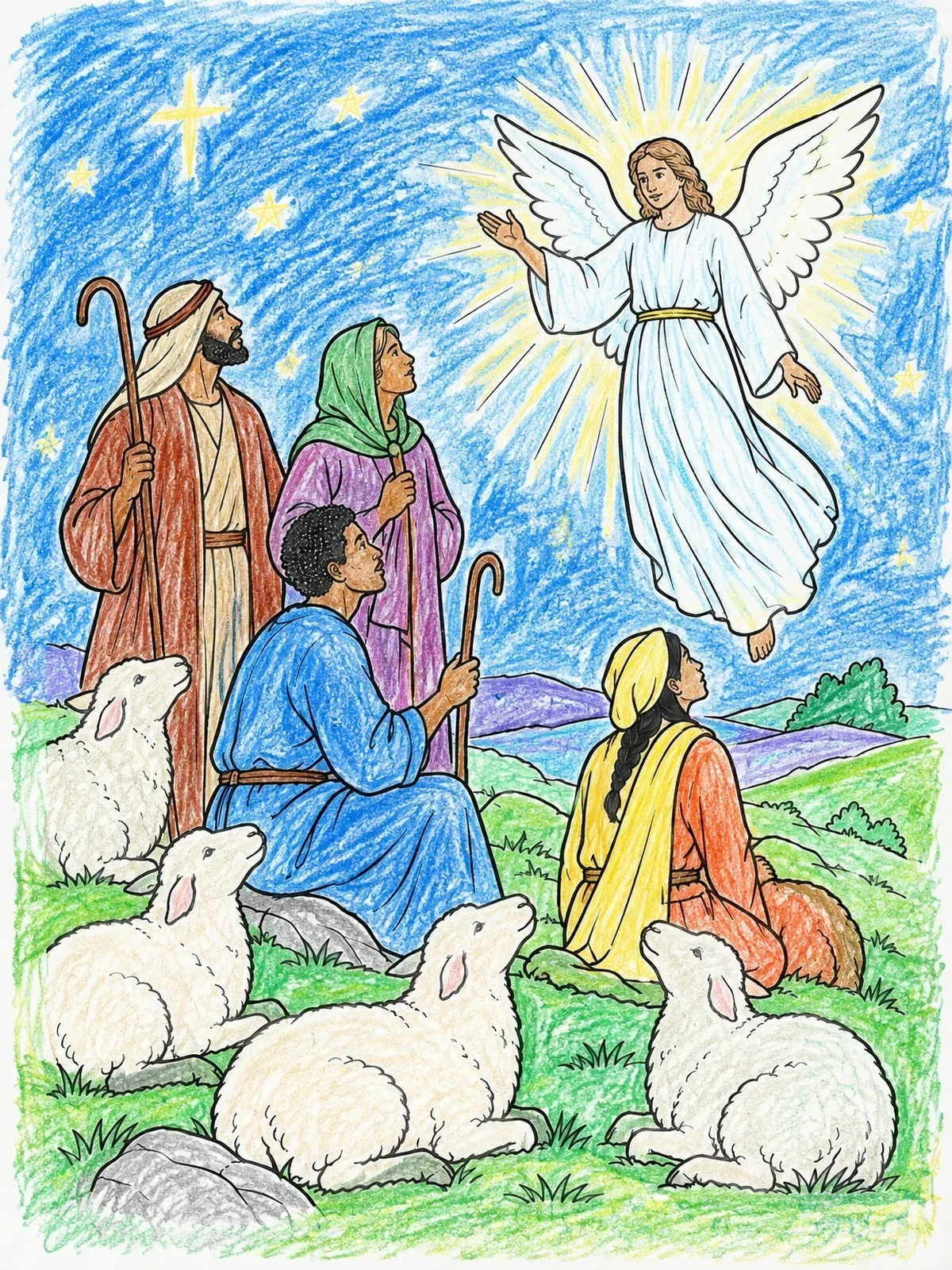 Colored example of the Shepherds Gazing At An Angel coloring page