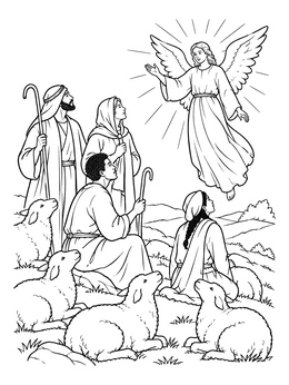 A shepherd coloring page showing shepherds and resting sheep looking up at a radiant angel in the sky.