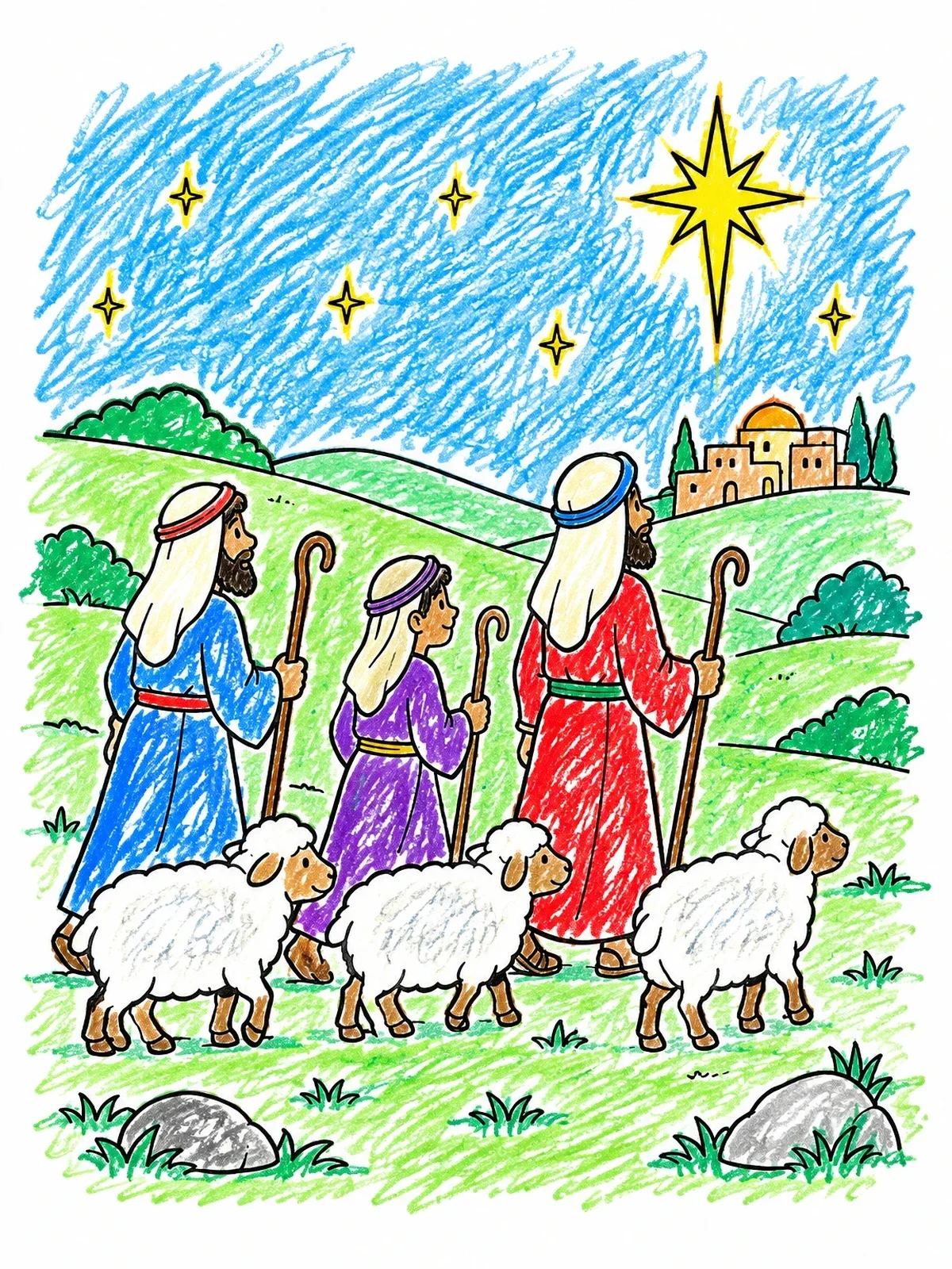Colored example of the Shepherds Following The Bright Star coloring page