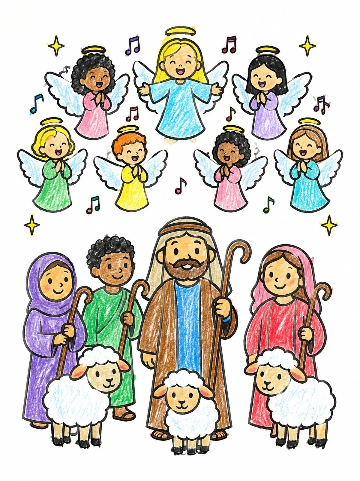 Colored example of the Shepherds And Singing Angels coloring page