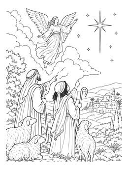 Two shepherds gaze up at an angel and bright star in this shepherd coloring page.