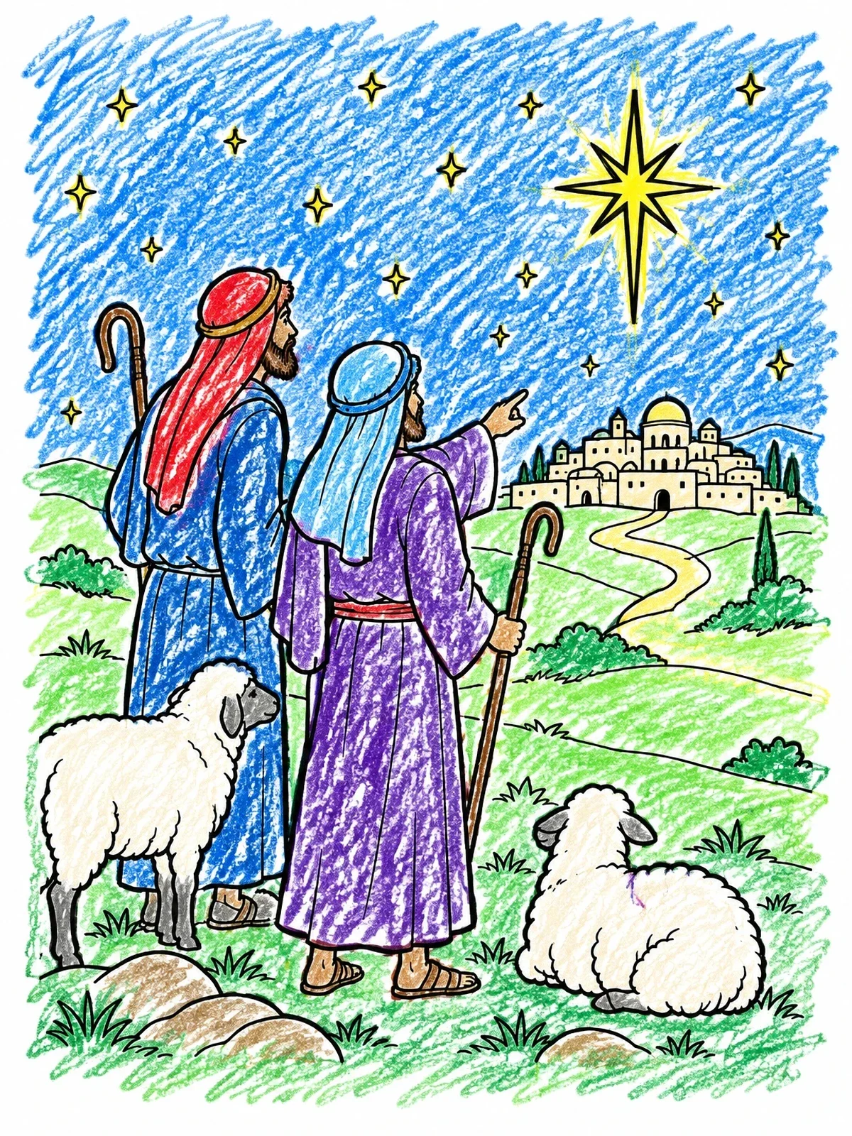 Colored example of the Shepherds Looking At Bethlehem Star coloring page