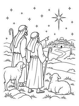 A shepherds visit baby jesus coloring page showing two shepherds and sheep looking at the Bethlehem star.