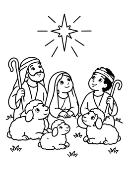 A friendly christmas star coloring page with three shepherds and little lambs looking up at the sky.