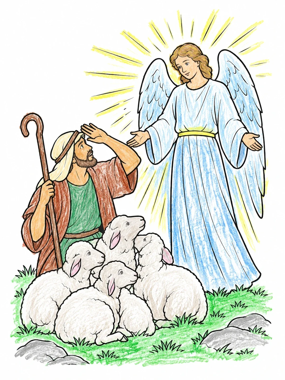 Colored example of the Angel Appearing To The Shepherd coloring page