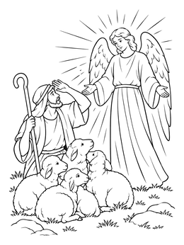 An angel announcing good news on this shepherds visit baby jesus coloring page with sheep.