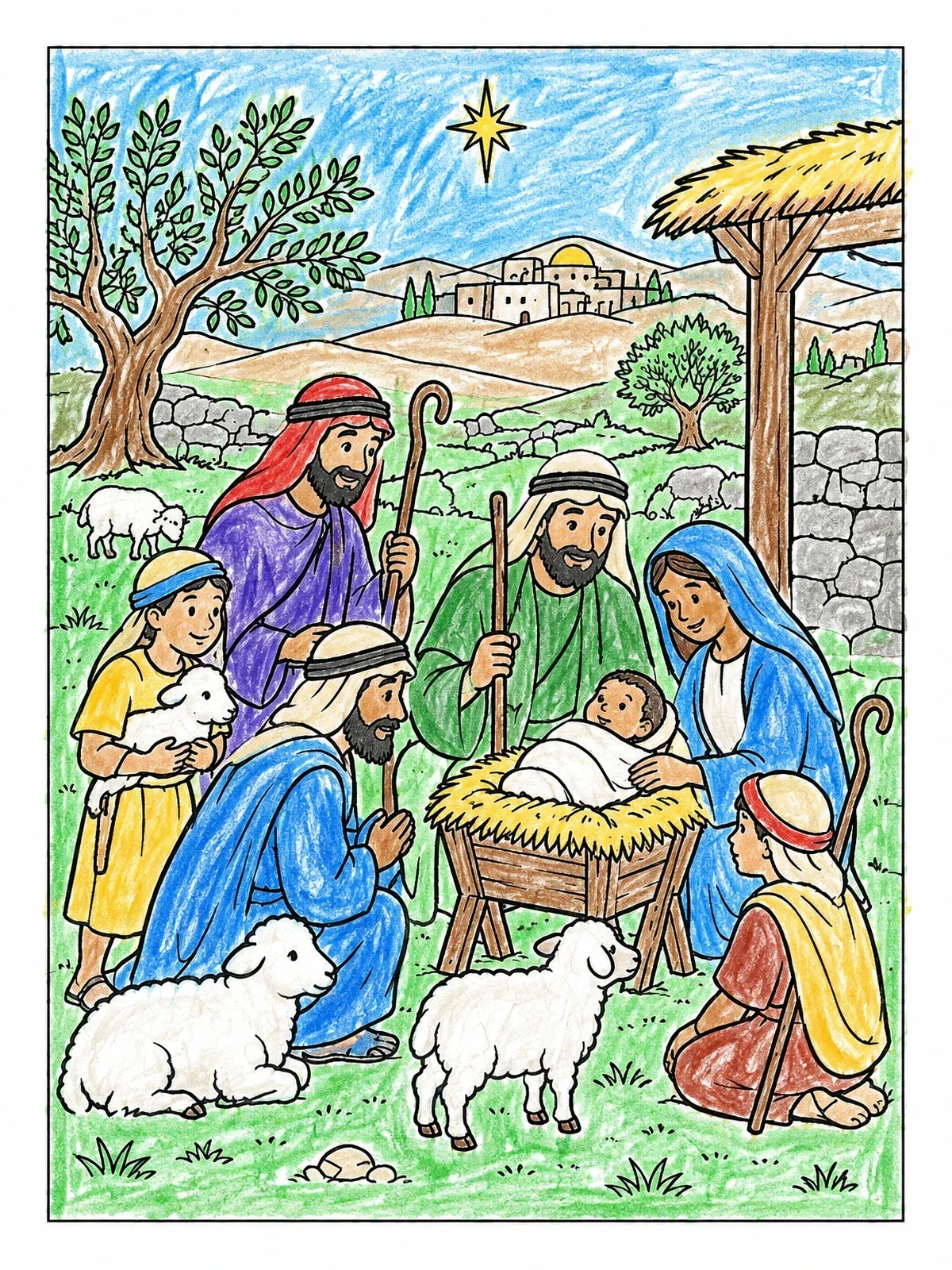 Colored example of the Shepherds Visiting Baby Jesus In Bethlehem coloring page