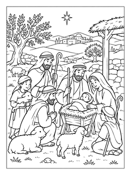 Free printable Shepherds Visiting Baby Jesus In Bethlehem coloring page
