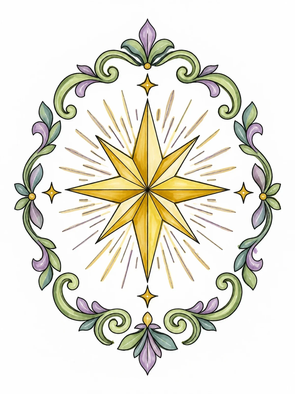 Colored example of the Ornate Radiant Star Of Bethlehem coloring page