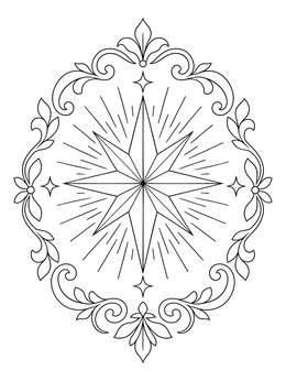A radiant Star of Bethlehem inside a decorative floral frame on this shepherds visit baby jesus coloring page.
