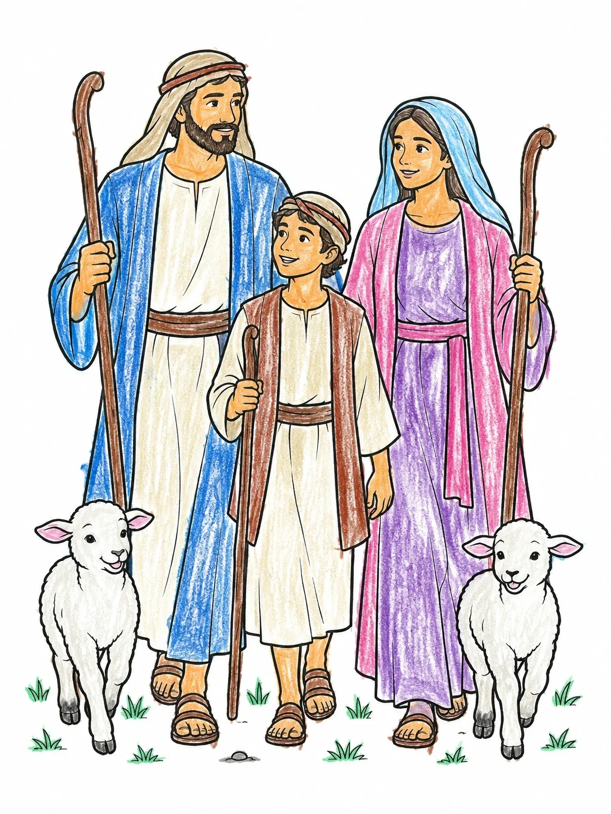 Colored example of the Shepherd Family Walking With Lambs coloring page