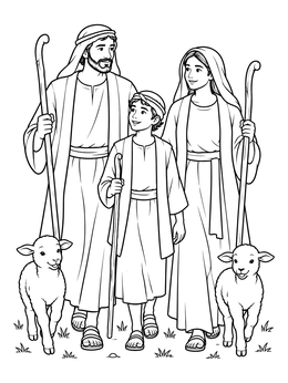 A shepherd family walks together with lambs in this shepherds visit baby jesus coloring page.