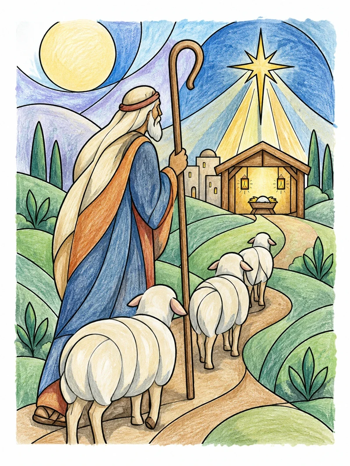 Colored example of the Shepherd Guiding Flock To The Manger coloring page