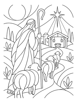 A peaceful shepherds visit baby jesus coloring page showing an elder shepherd walking his flock toward the glowing stable.